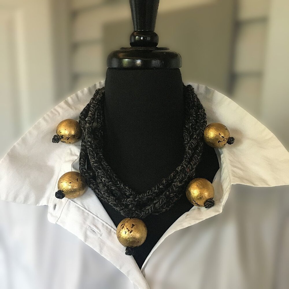 Gold Leaf Large Round Wood Bead Gray Wool Multistrand Lucet Cord Choker Necklace